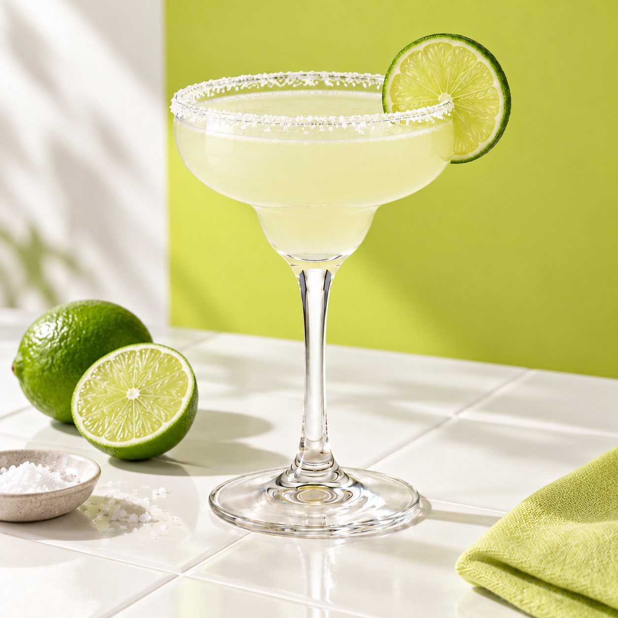 Margarita with a salted rim and lime on a sunlit table